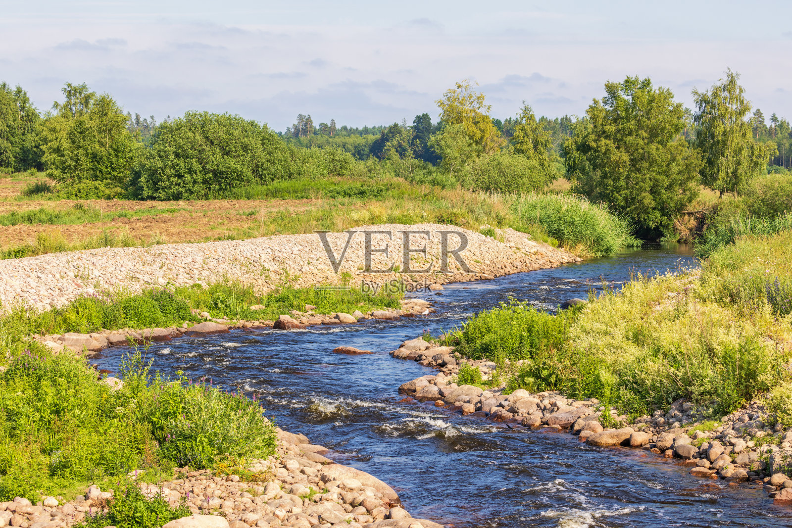 在葱郁的绿色景观中,蜿蜒的河流流淌着流水照片摄影图片