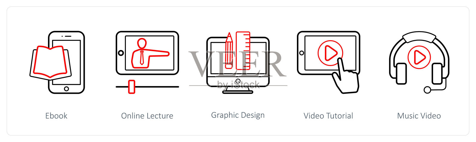 一套5个在线教育图标,如电子书,在线讲座插画图片素材