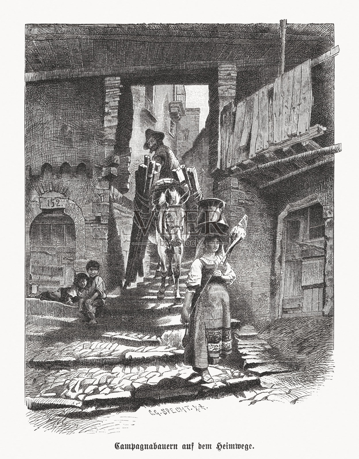 坎帕尼亚农民归途,1892年木刻版画插画图片素材