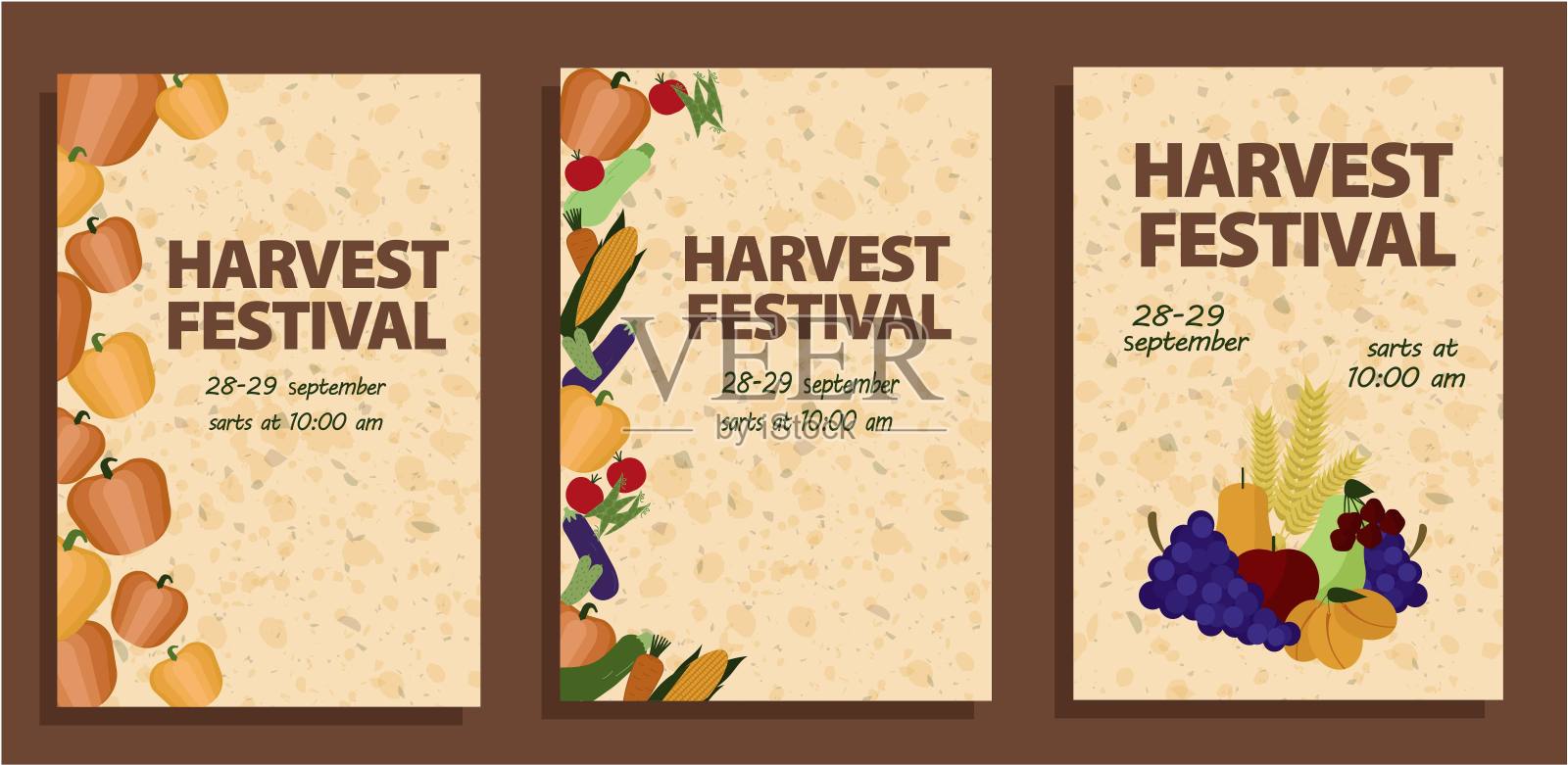 丰收节海报集蔬菜和水果。平面向量。促进季节性活动,农贸市场和秋季节日。可用于广告,横幅和传单。插画图片素材