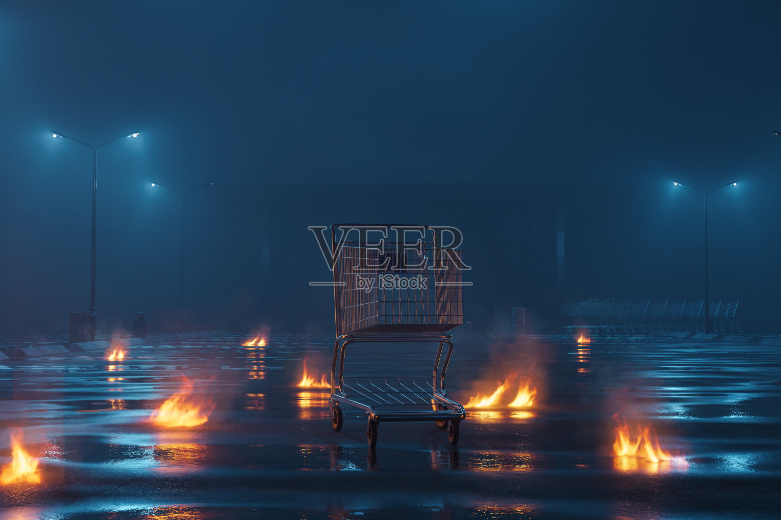 废弃停车场小火照亮的购物手推车。3d渲染照片摄影图片