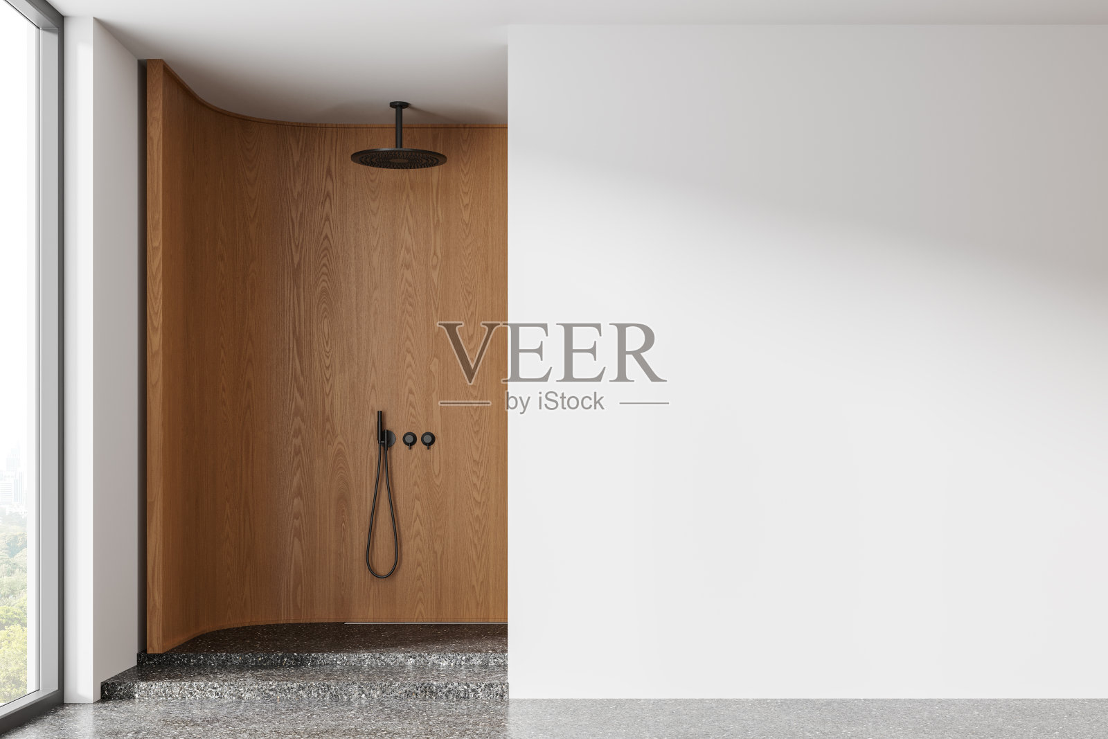 木质家庭浴室内部带淋浴和全景窗。模型墙照片摄影图片