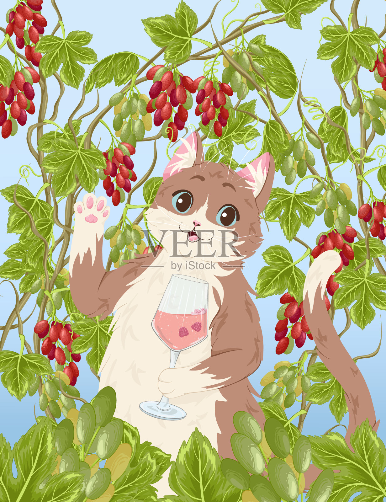 矢量明信片插图与猫,葡萄叶,葡萄,起泡酒印刷设计插画图片素材
