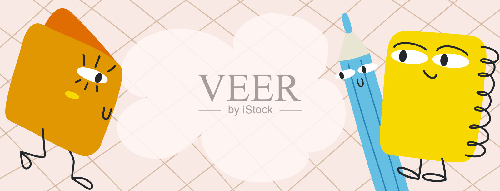 返校横幅以空云为文。书,螺旋笔记本和铅笔字符上的销售模板。矢量图插画图片素材