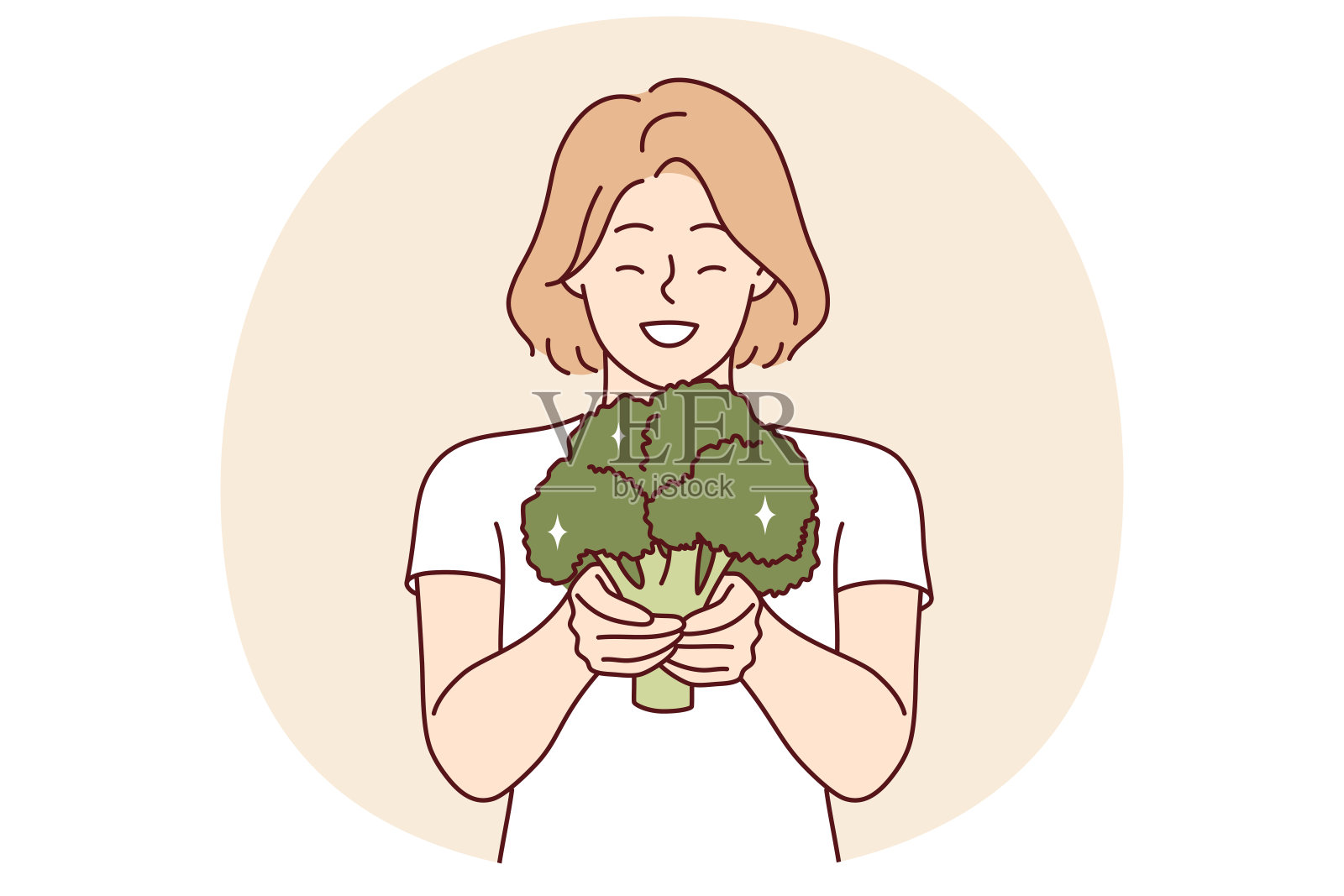 拿着花椰菜的快乐女人建议成为素食主义者,只吃新鲜的有机蔬菜插画图片素材