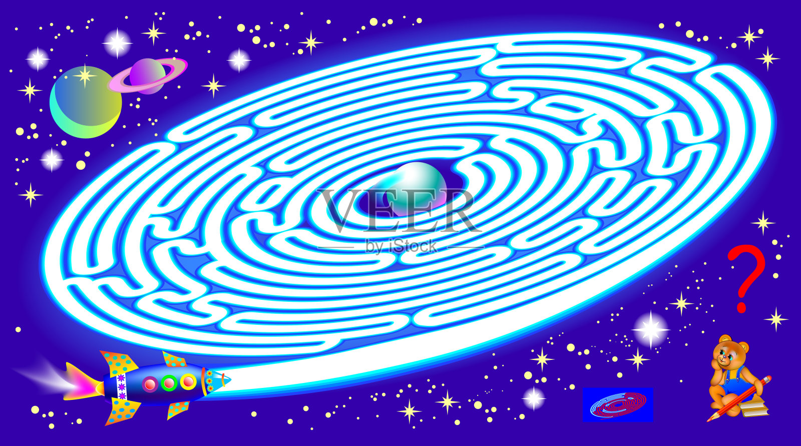 逻辑益智游戏与迷宫为儿童和成人。需要找到从起点到星球的路。矢量图像。插画图片素材