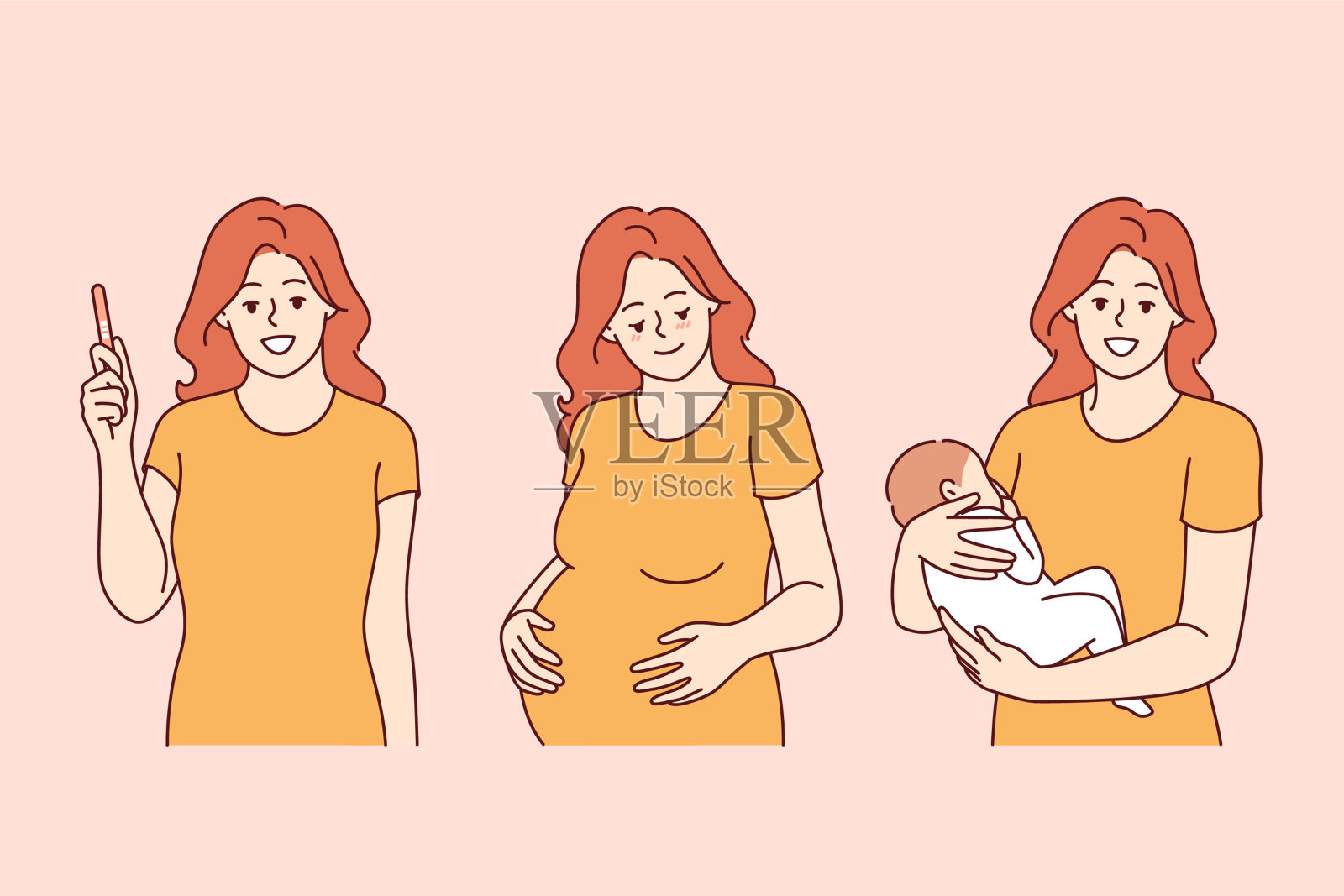 手握验孕棒和婴儿的妇女的孕母和怀孕阶段插画图片素材