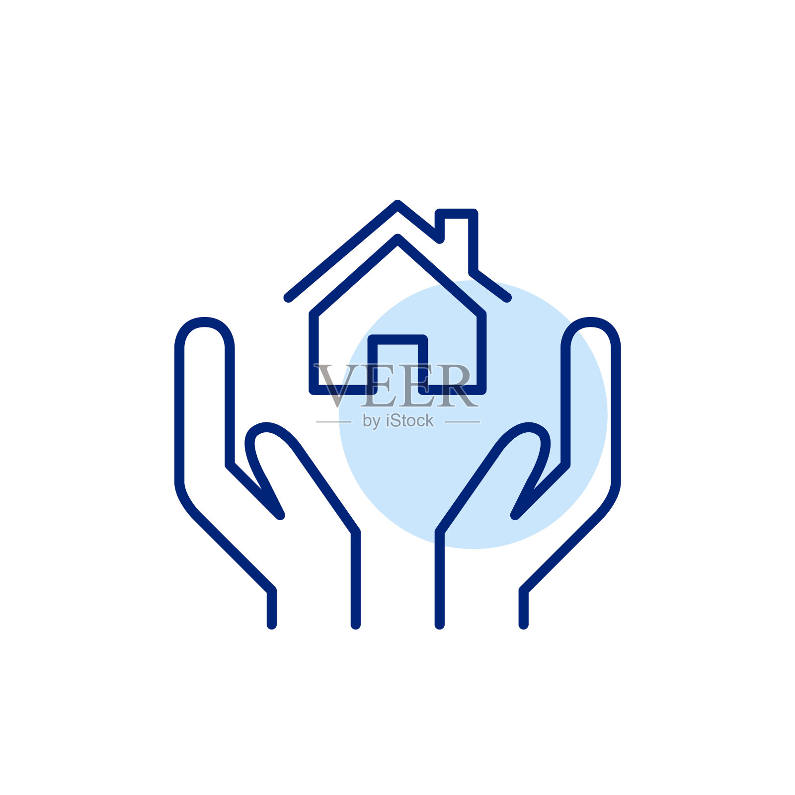 家在两个关怀的手中。房地产开发及物业管理。像素完美,可编辑的笔画图标插画图片素材