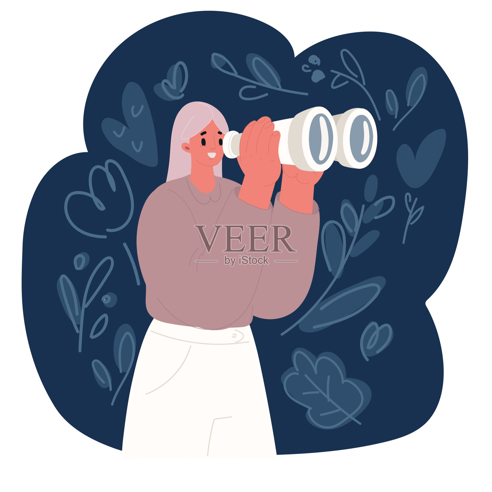 卡通矢量插图快乐的女人拿着游客双目望远镜,看着遥远的未来。对于观察、发现、未来的概念插画图片素材