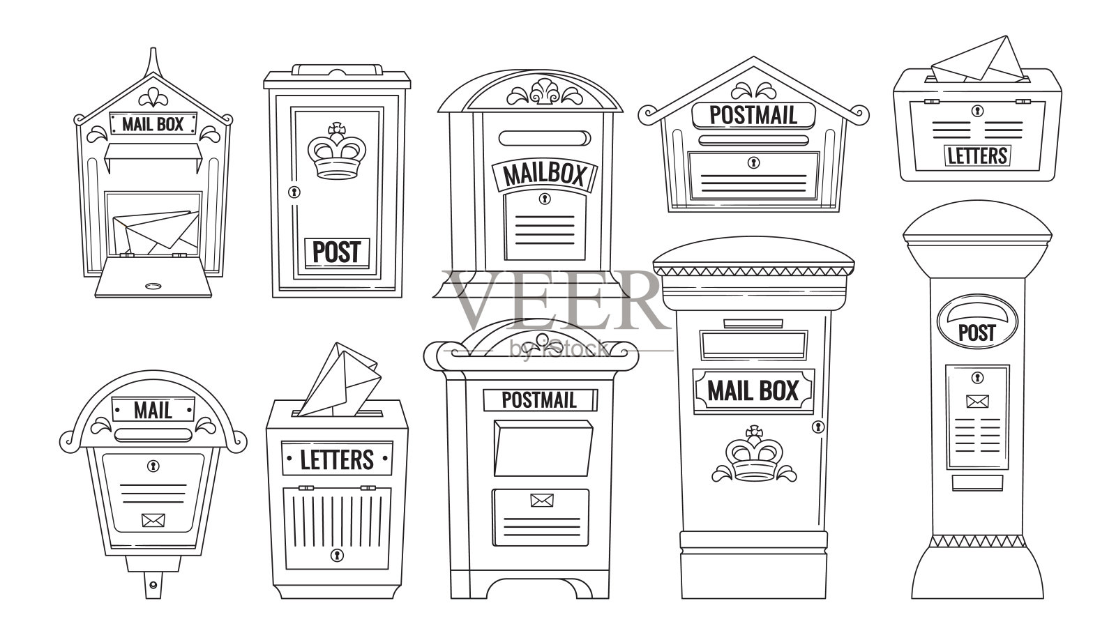 英国邮筒系列,经典黑白主题。矢量插图突出了标志性的设计插画图片素材