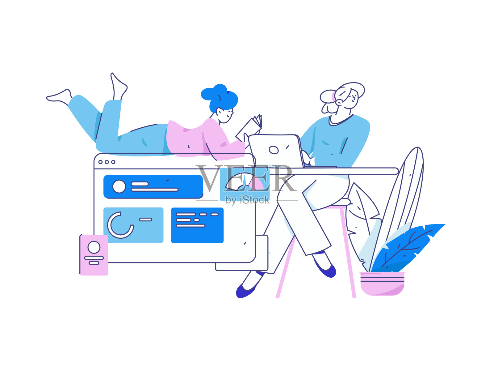 平面矢量插图的业务人员操作的工作场景插画图片素材