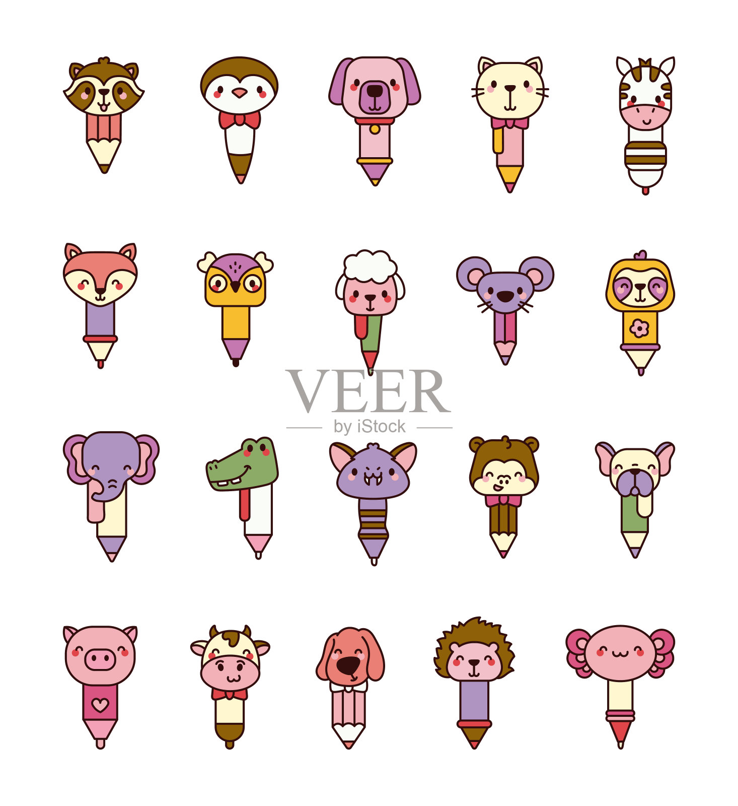 钢笔动物脸。学校的文具。手绘风格。矢量图。设计元素的集合。插画图片素材