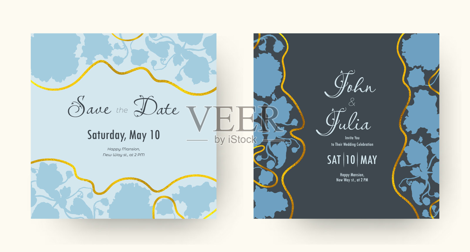 与两个方形花卉婚礼海报插画图片素材