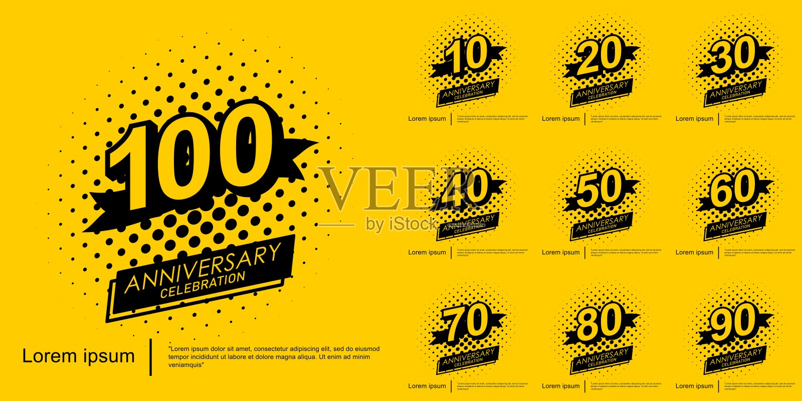 一套10至100周年校庆会徽。周年纪念黑色标志与黄色背景丝带隔离。矢量插图模板设计的网页,传单,海报,贺卡和邀请卡插画图片素材