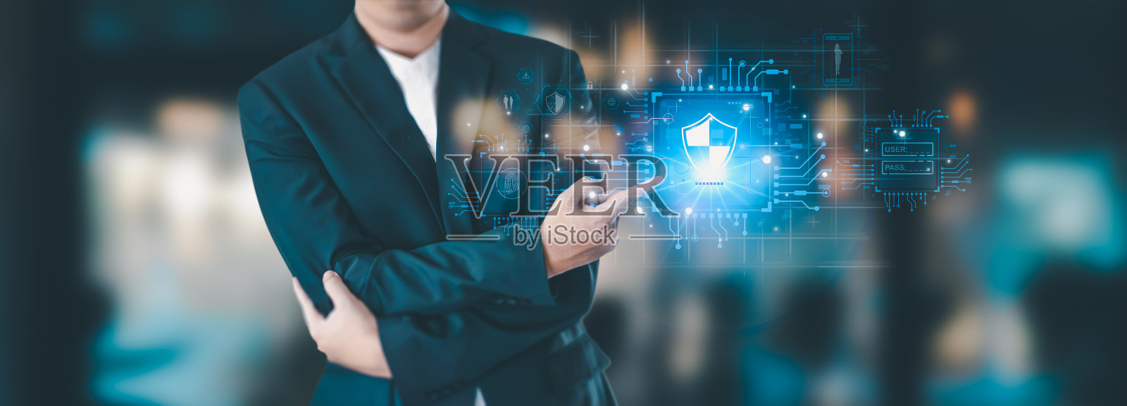 商人正在展示以人工智能为控制器的未来技术和互联网连接网络的概念。他手上的一幅图画漂浮在空中。照片摄影图片