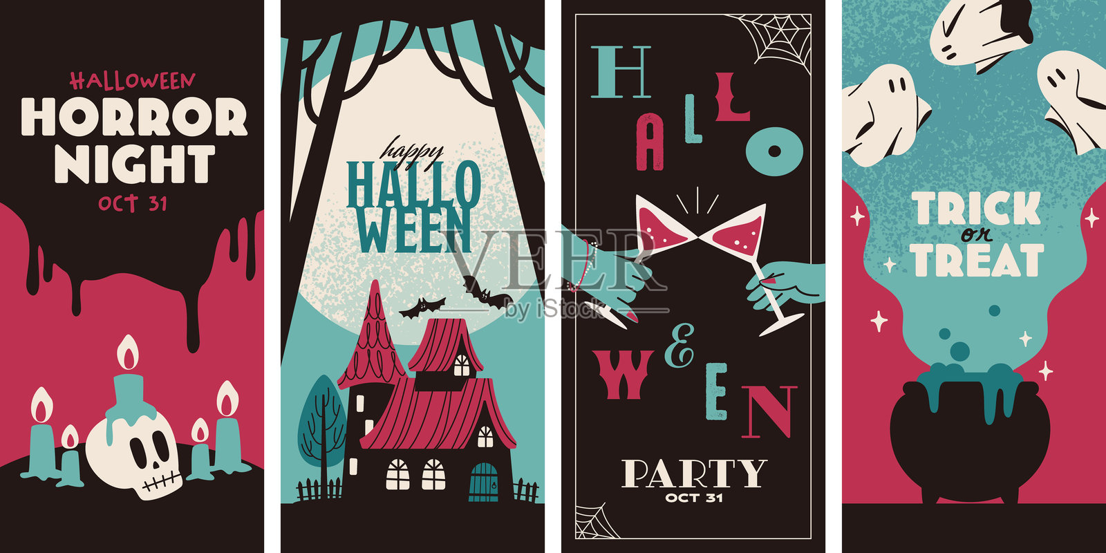 幽灵流行恐怖:万圣节派对横幅集插画图片素材