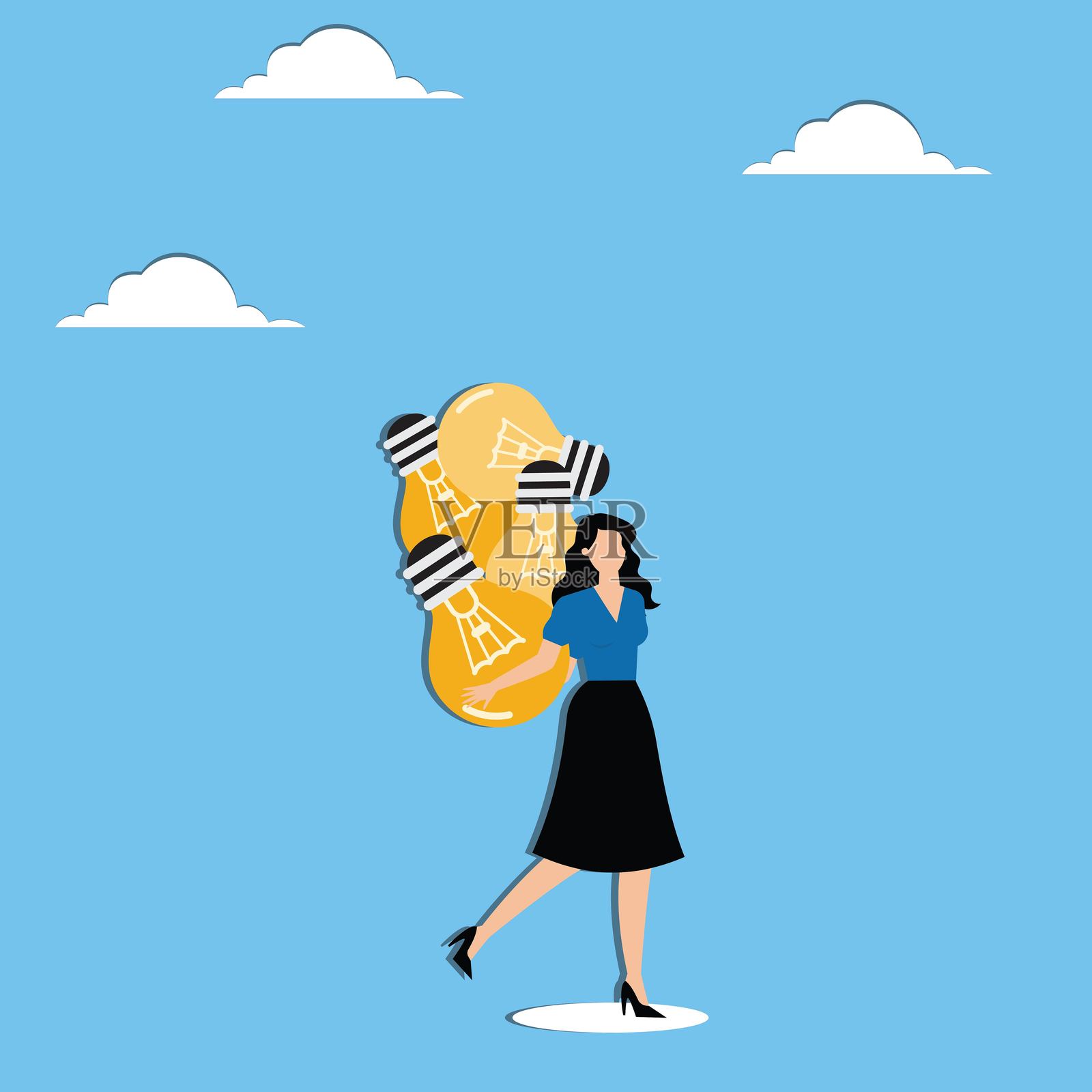 拿着许多灯泡的女人插画图片素材