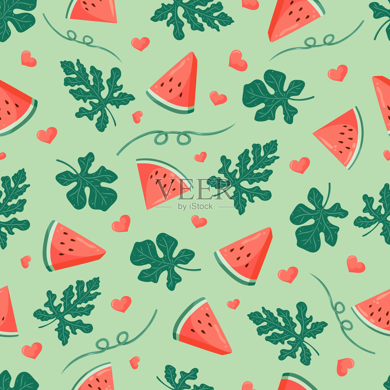 西瓜无缝图案与西瓜片,叶子,花和心。夏季水果矢量插图。热带背景的婴儿织物,儿童纺织品,包装,包装,剪贴簿。插画图片素材