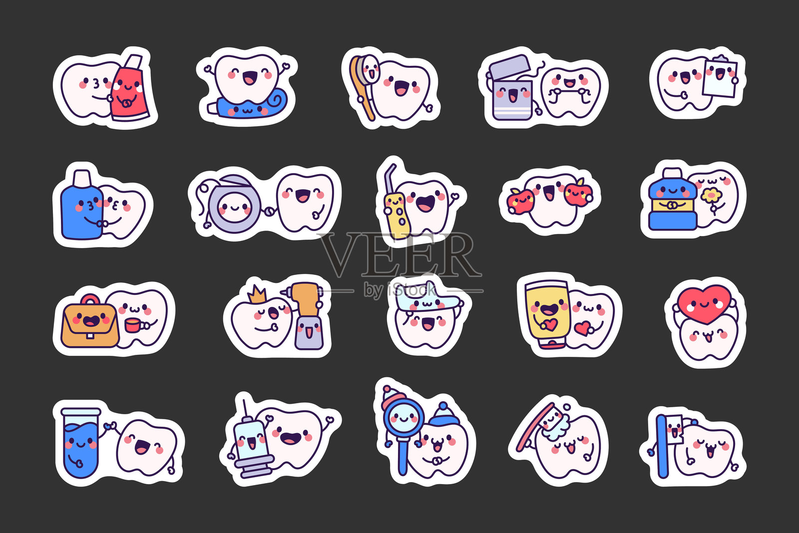 可爱的一对牙齿和朋友。贴纸书签。可爱的卡通人物。手绘风格。矢量图。设计元素的集合。插画图片素材