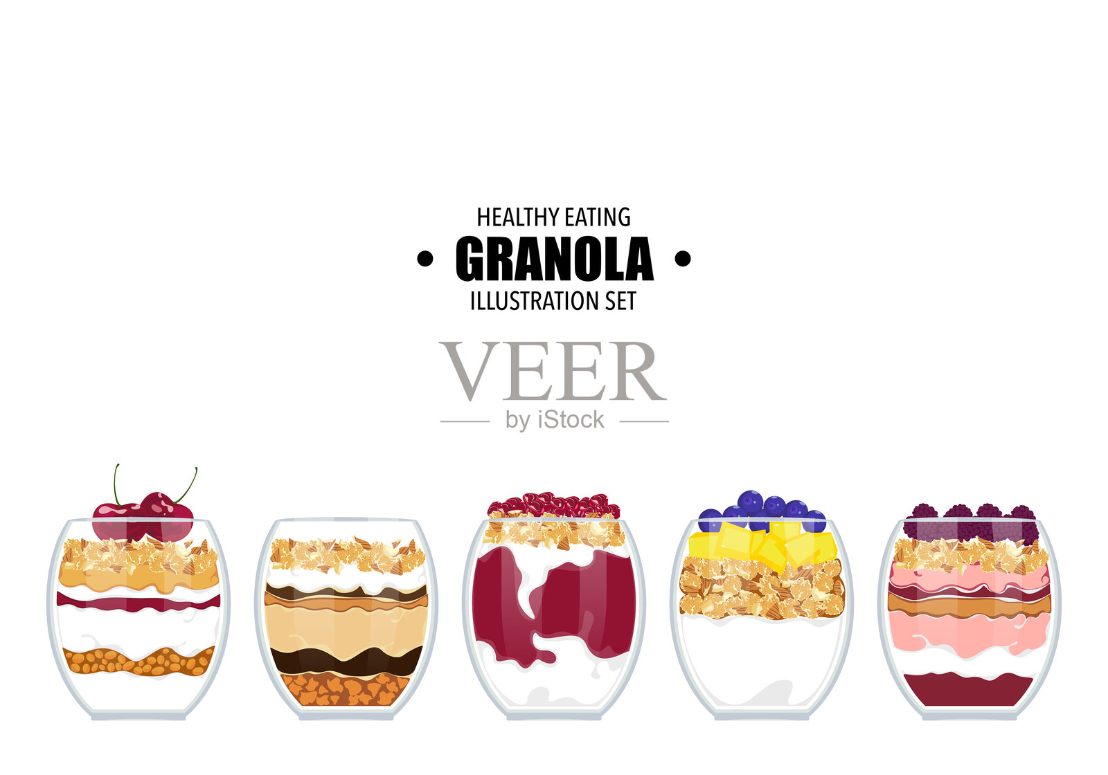 健康食品的矢量插图,水果浆果与酸奶和格兰诺拉麦片美味分层奶油甜点在玻璃图标隔离的背景。坚果,谷物,燕麦片和浆果在玻璃载体。插画图片素材