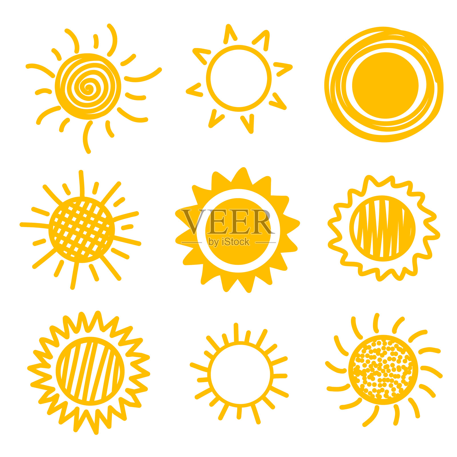 涂鸦太阳素描插图。手绘可爱的黄色,橙色日落。儿童涂鸦画风。矢量插图。EPS10插画图片素材