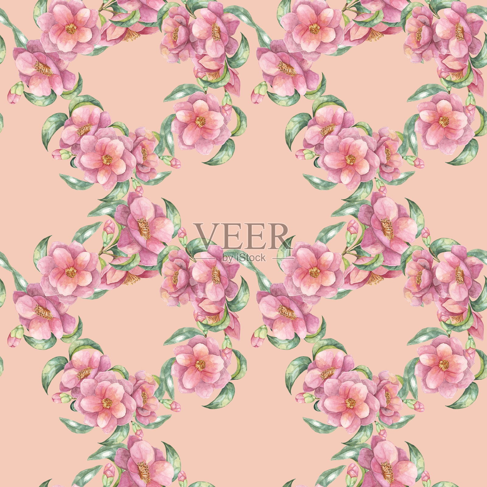 无缝图案的粉红色山茶花和绿叶在一个柔软的桃色背景。水彩剪纸设计的理想面料,文具插画图片素材