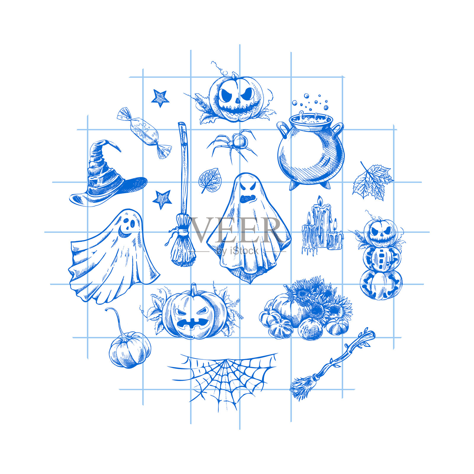 一套万圣节元素的素描风格。鬼的设计,令人毛骨悚然的和怪异的元素万圣节装饰圈,素描,图标。手绘矢量隔离在方格的背景。插画图片素材