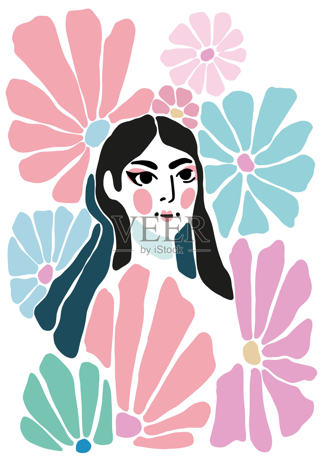 插图肖像的女人与鲜艳多彩的花朵插画图片素材