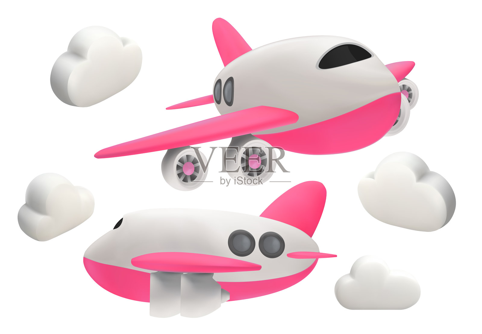 一套可爱的卡通风格商用飞机与粉红色的翅膀隔离在白色背景,三维矢量网格梯度wes。插画图片素材