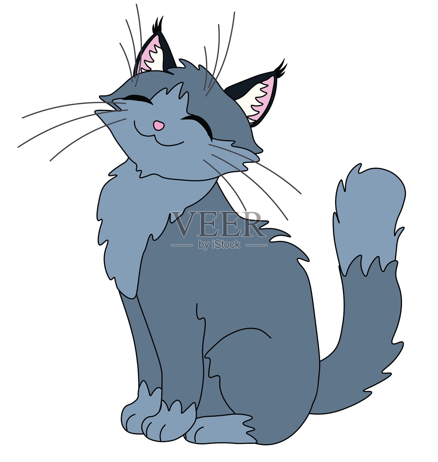 可爱快乐的灰猫坐在白色的背景上插画图片素材