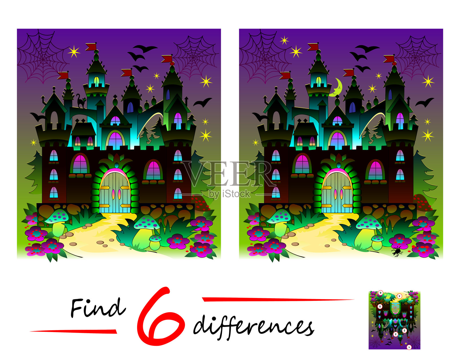 找出6个不同点。魔幻童话城堡的夜景插图。逻辑益智游戏为儿童和成人。教育页的孩子脑筋急转弯书。矢量图。插画图片素材