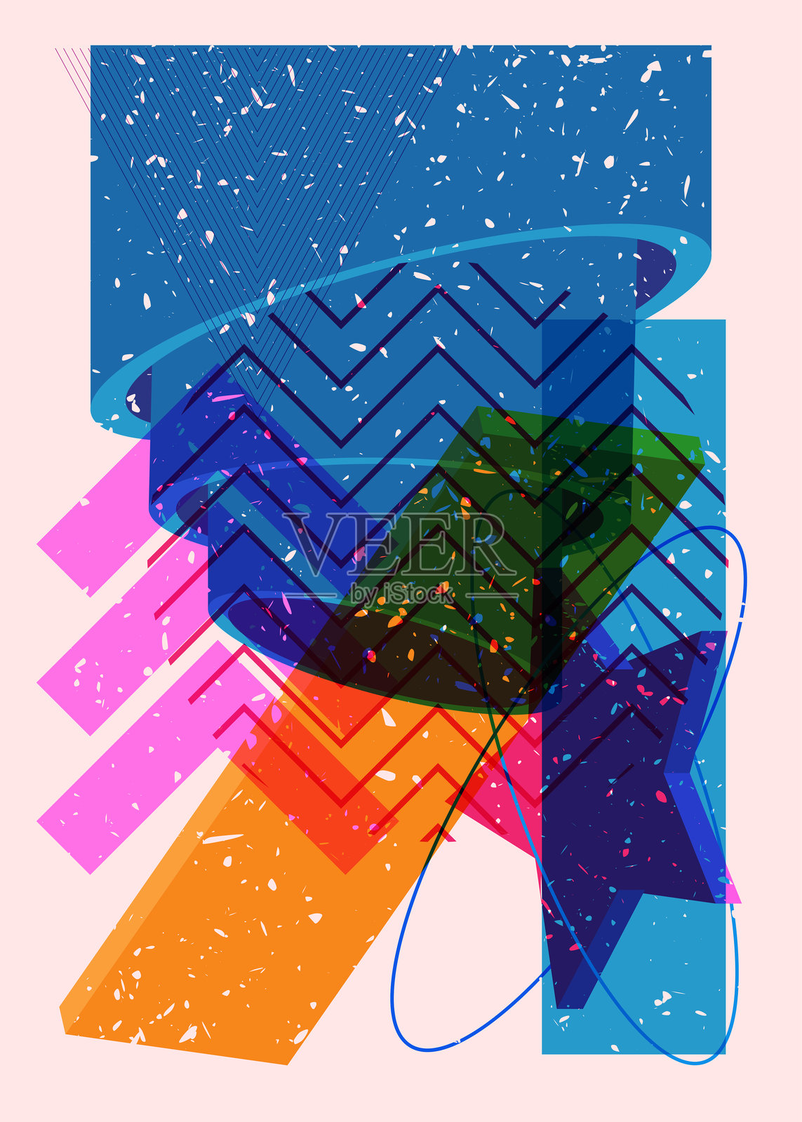 新潮riso图形设计中的艺术对象。五颜六色的几何形状。几何元素抽象risograph打印纹理风格。插画图片素材