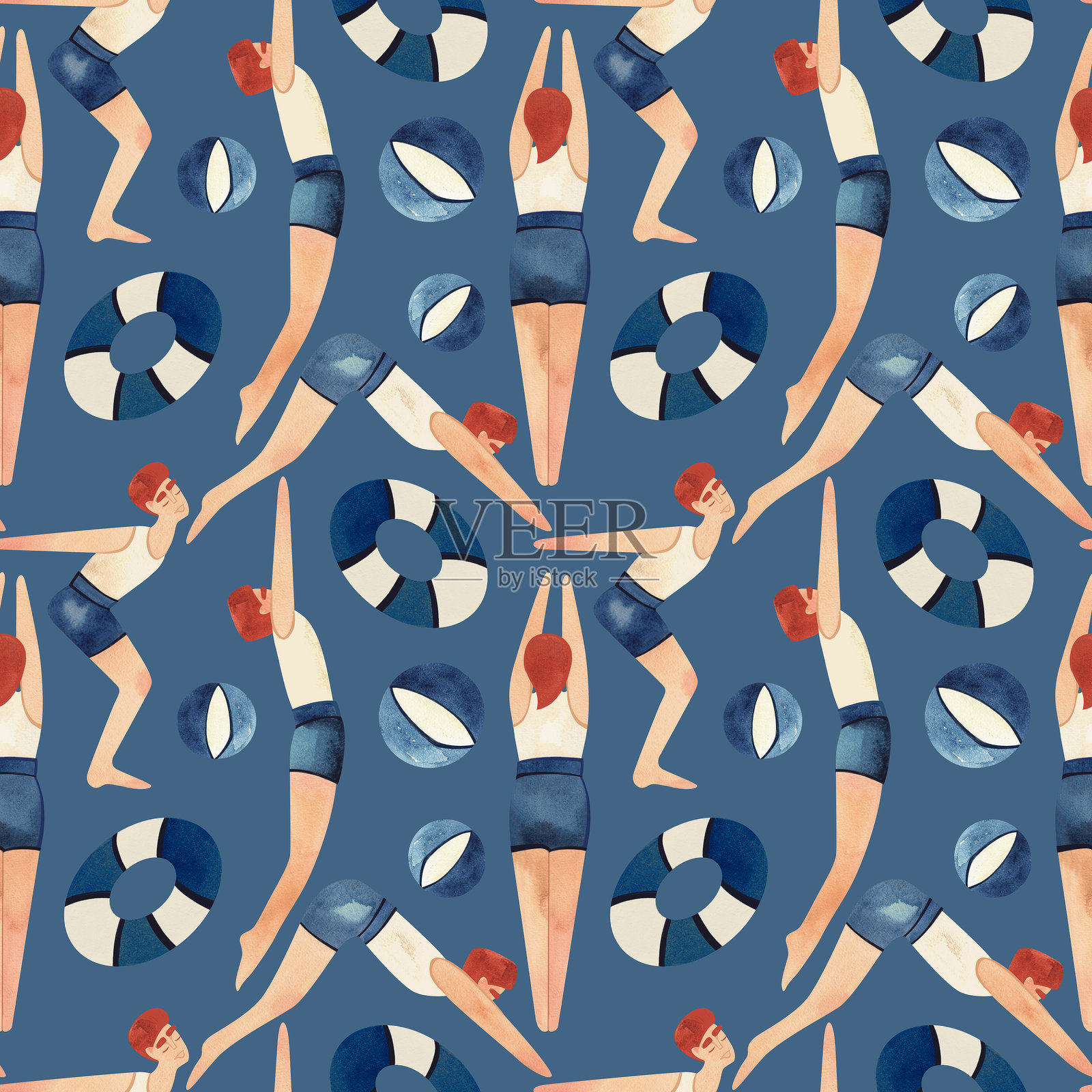无缝图案与漂浮的男人在复古风格。游泳。蓝色背景水彩插图插画图片素材