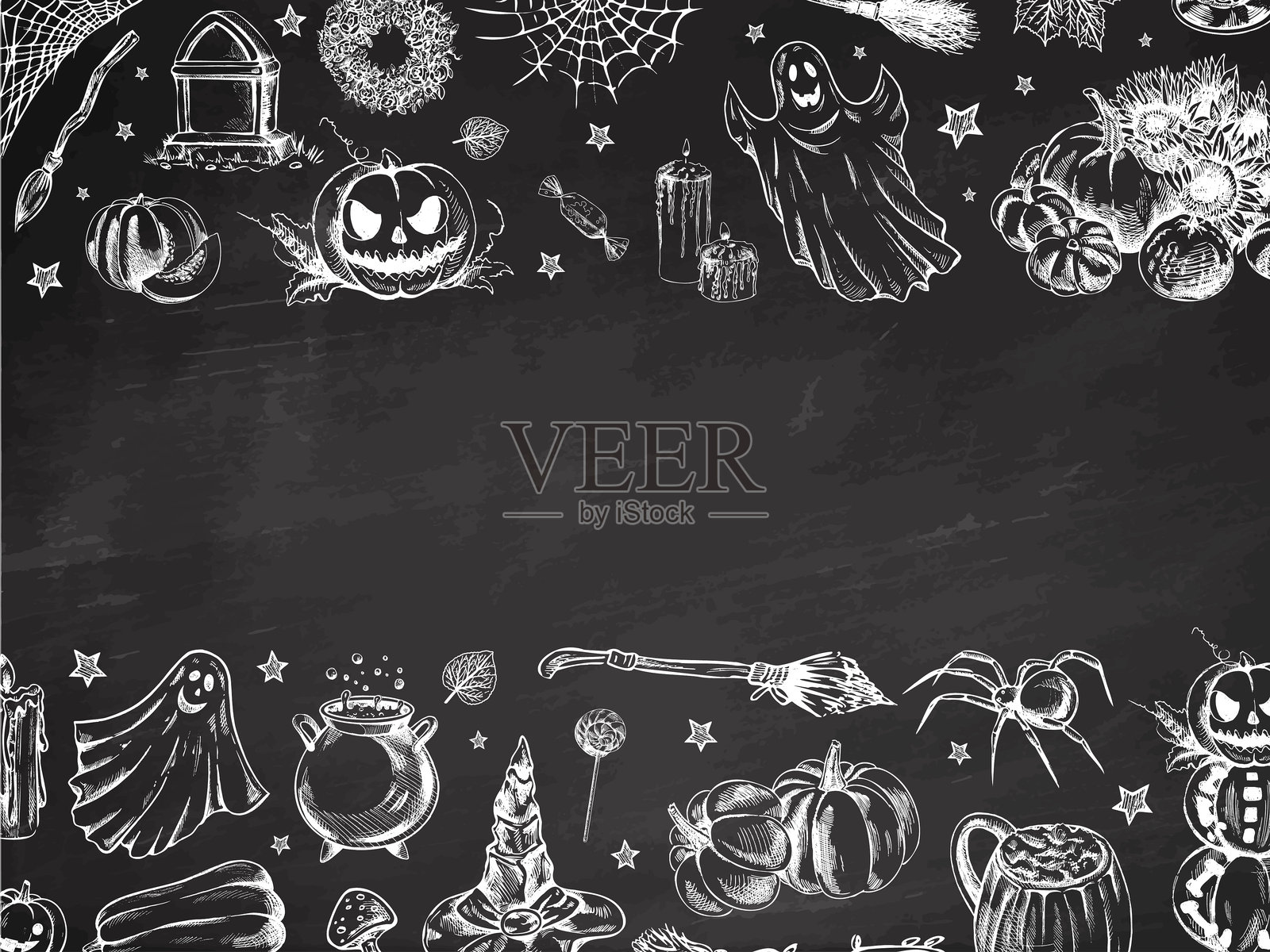 一套万圣节元素的素描风格。鬼的设计,令人毛骨悚然的和怪异的元素万圣节装饰,素描,图标。手绘矢量模板上的黑板背景。插画图片素材