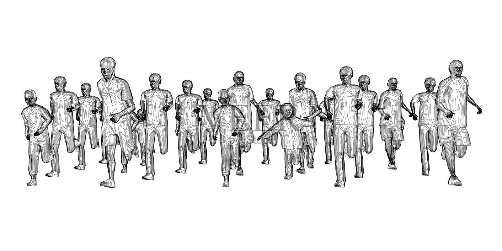 奔跑的人的轮廓从黑线孤立在白色的背景。男人、女人和孩子都在奔跑。前视图。矢量插图。插画图片素材