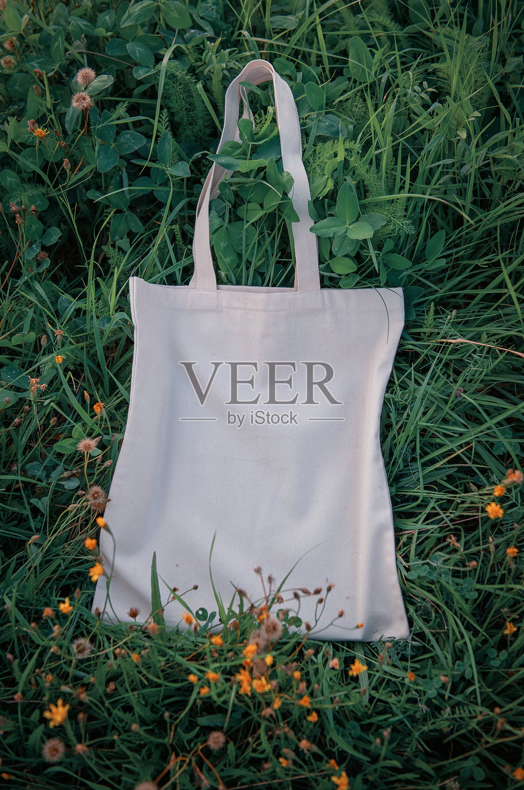 白色帆布手提袋模型模板与长柄和野花在绿色植物的叶子户外照片摄影图片