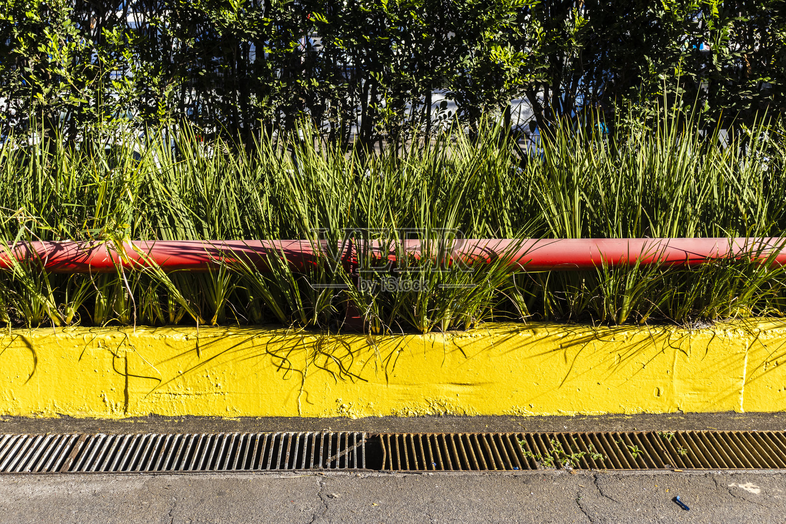黄色的小墙,红色的管子和小草照片摄影图片