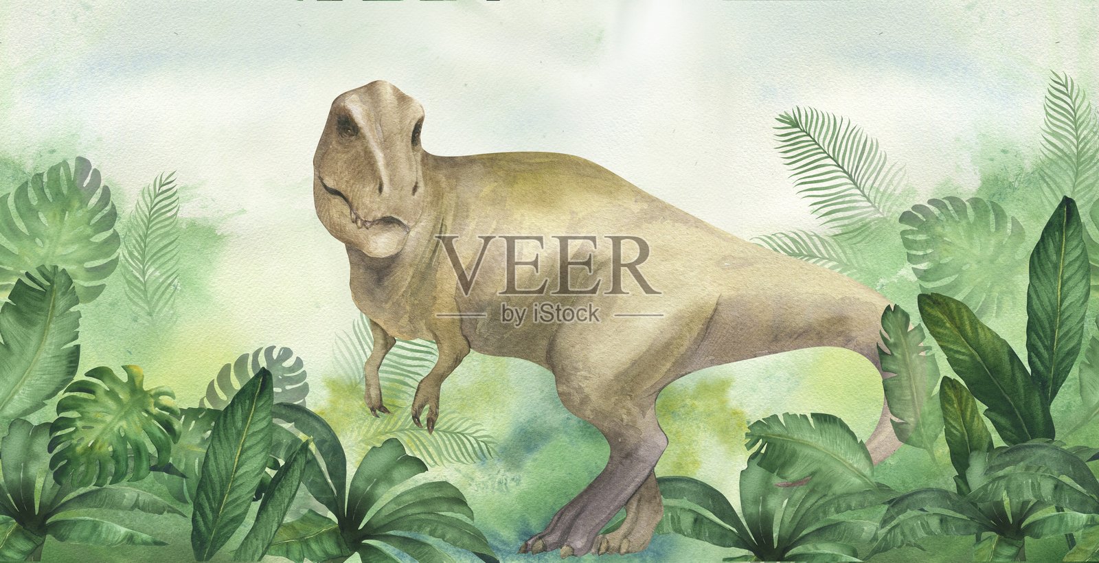 水彩插图横幅或框架与恐龙霸王龙在绿色丛林与棕榈叶,水彩纹理,手工制作。用于儿童房间装饰,海报,邀请函插画图片素材