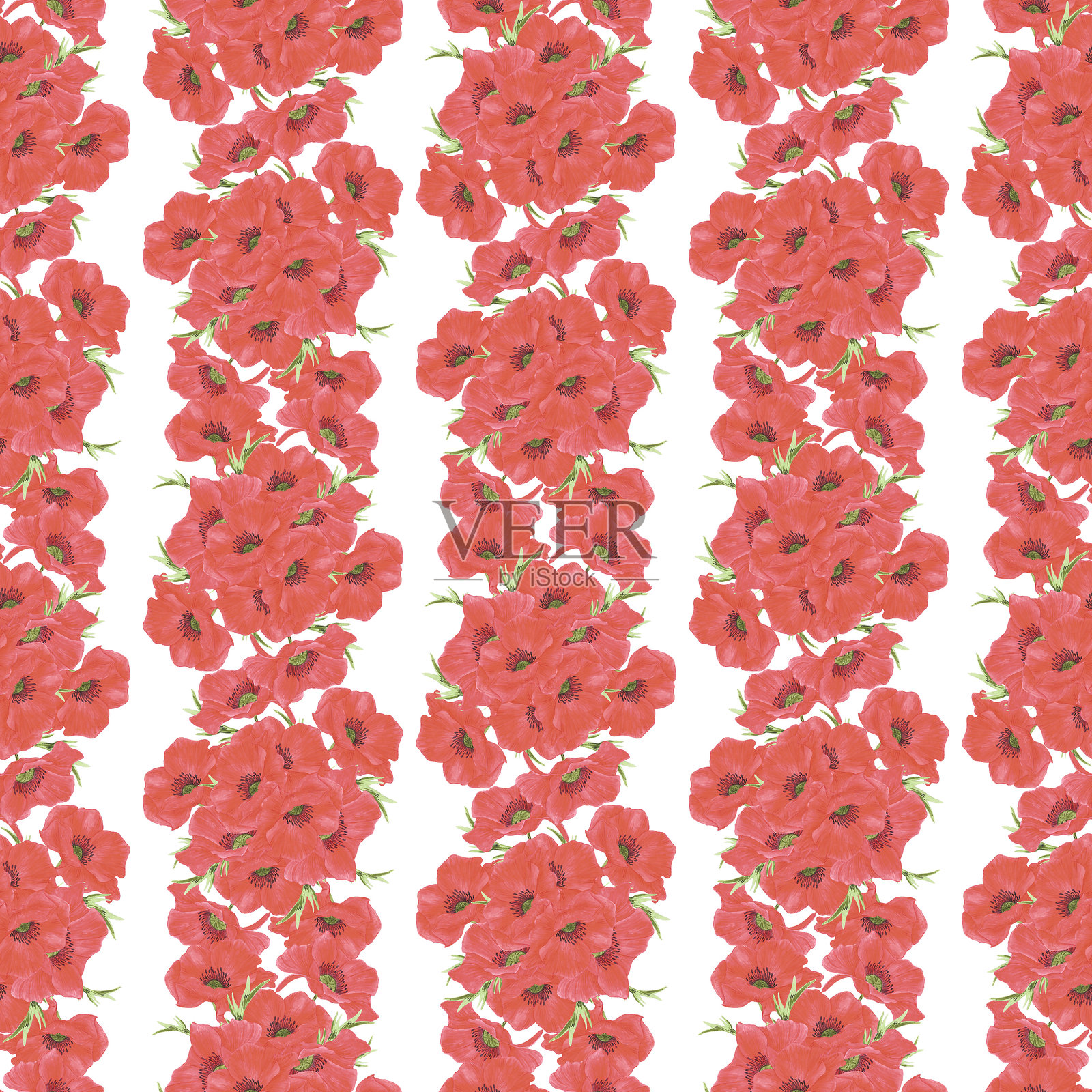 手绘水彩红色罂粟花花束无缝图案隔离在白色背景。可用于纺织、织物等印花产品。插画图片素材