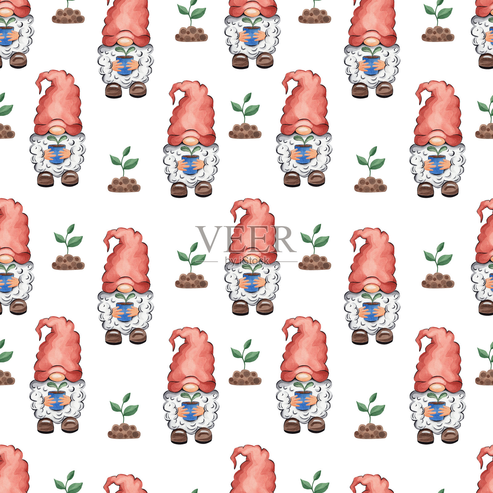 花园的侏儒。水彩插图,无缝图案插画图片素材