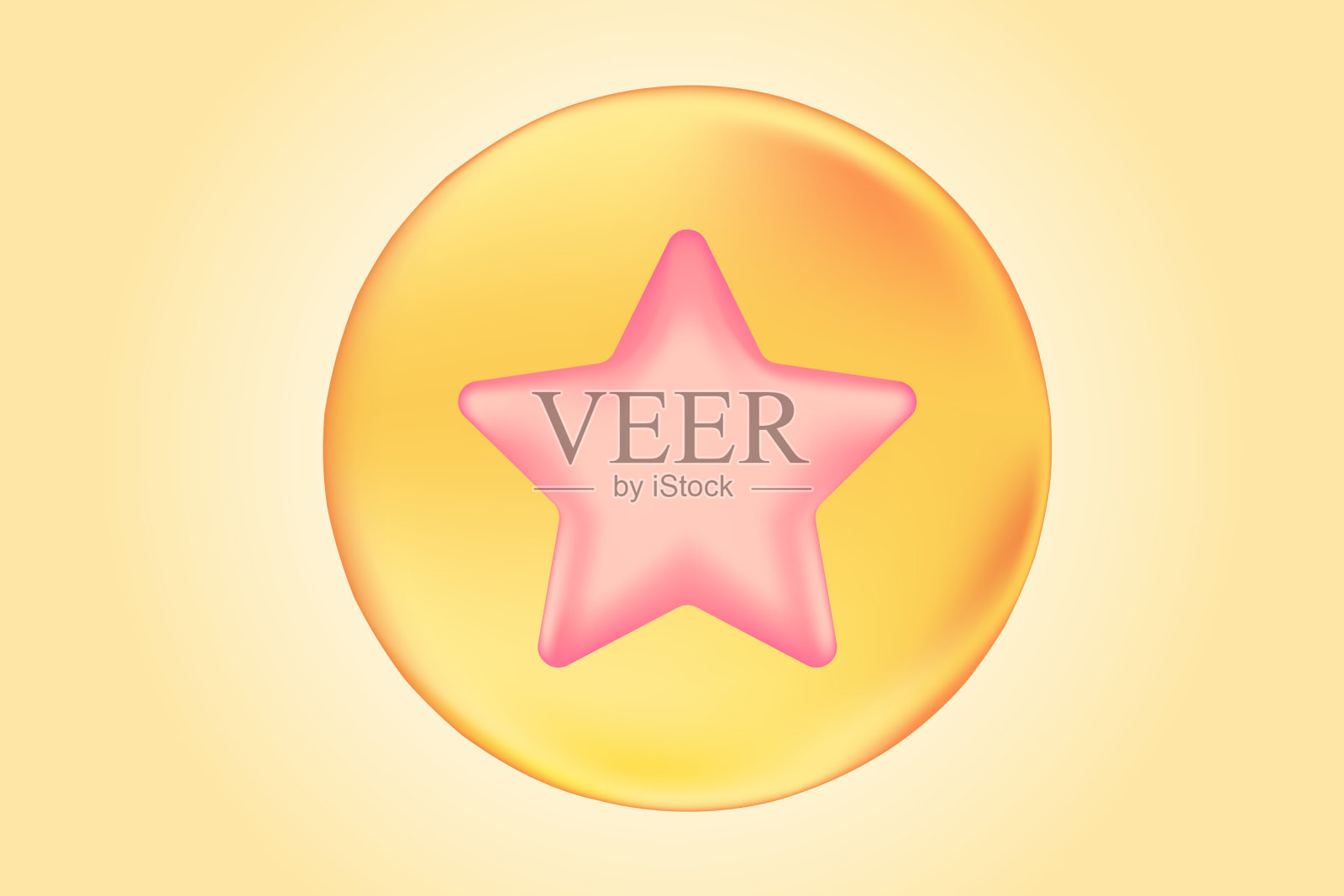 可爱的粉色3D明星图标。发光的最喜欢的图标在球体或泡沫,黄色梯度背景。竞争图标发光效果,孤立的矢量插图插画图片素材