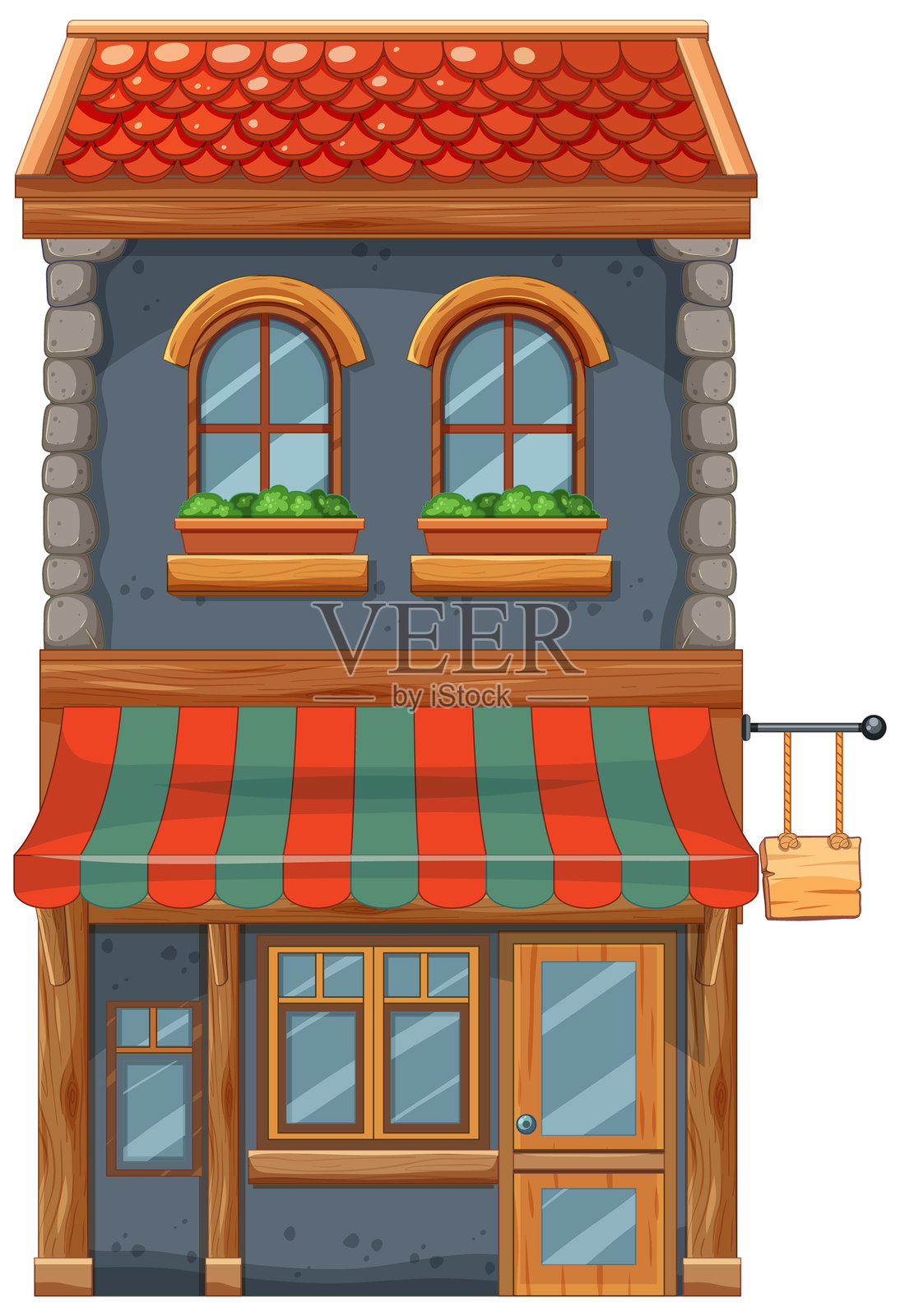 五颜六色的商店,有条纹的遮阳篷和窗户插画图片素材