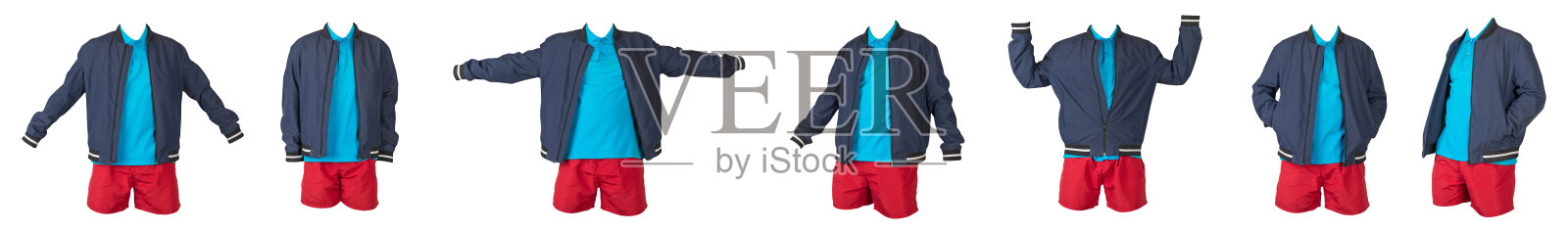 男子飞行员夹克,衬衫和运动短裤隔离在白色背景。照片摄影图片