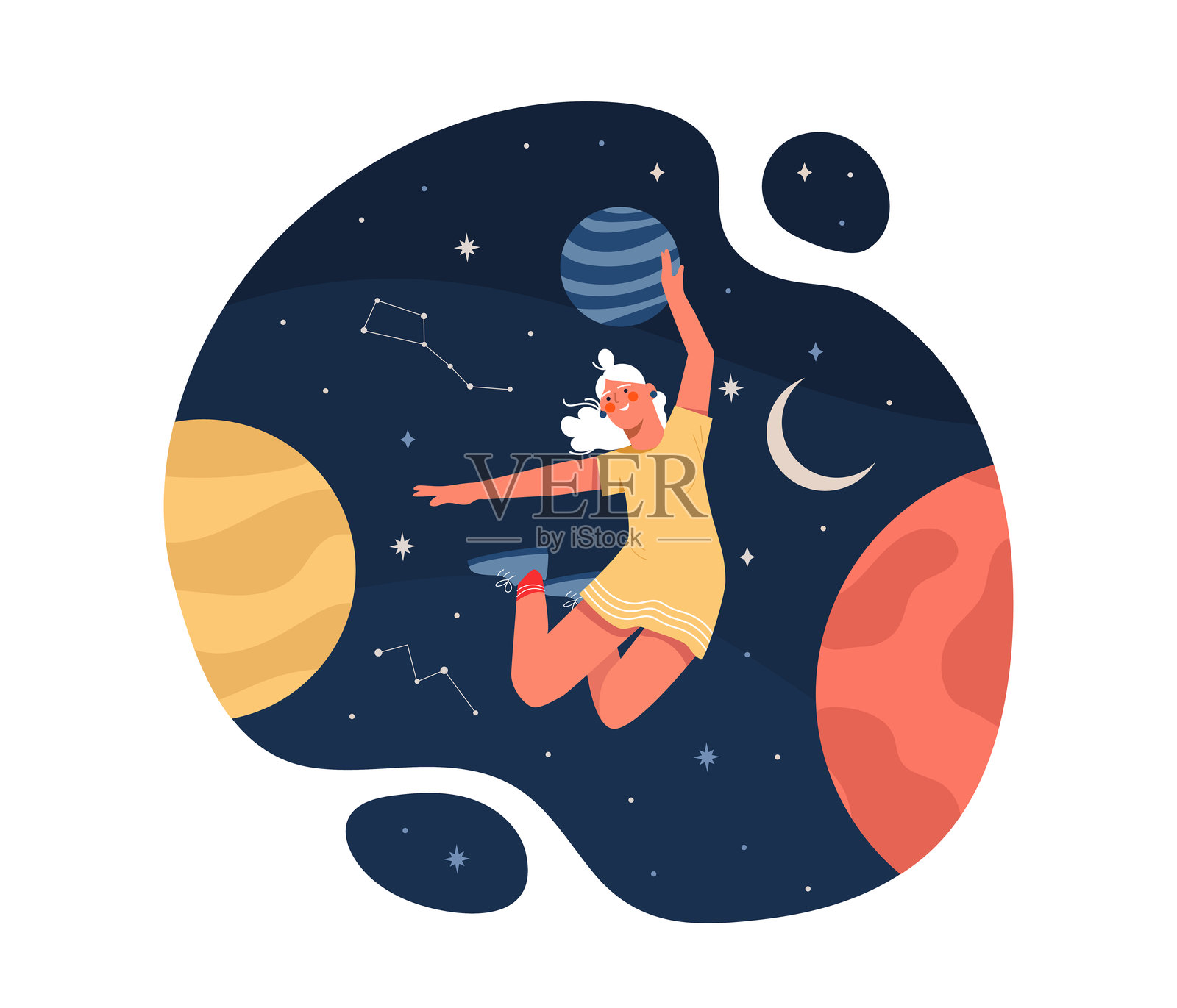 宇宙中的女人。女孩在行星和恒星之间的太空。探索星系和宇宙。占星术和天文学。靠近火星和海王星的人。平面矢量图插画图片素材