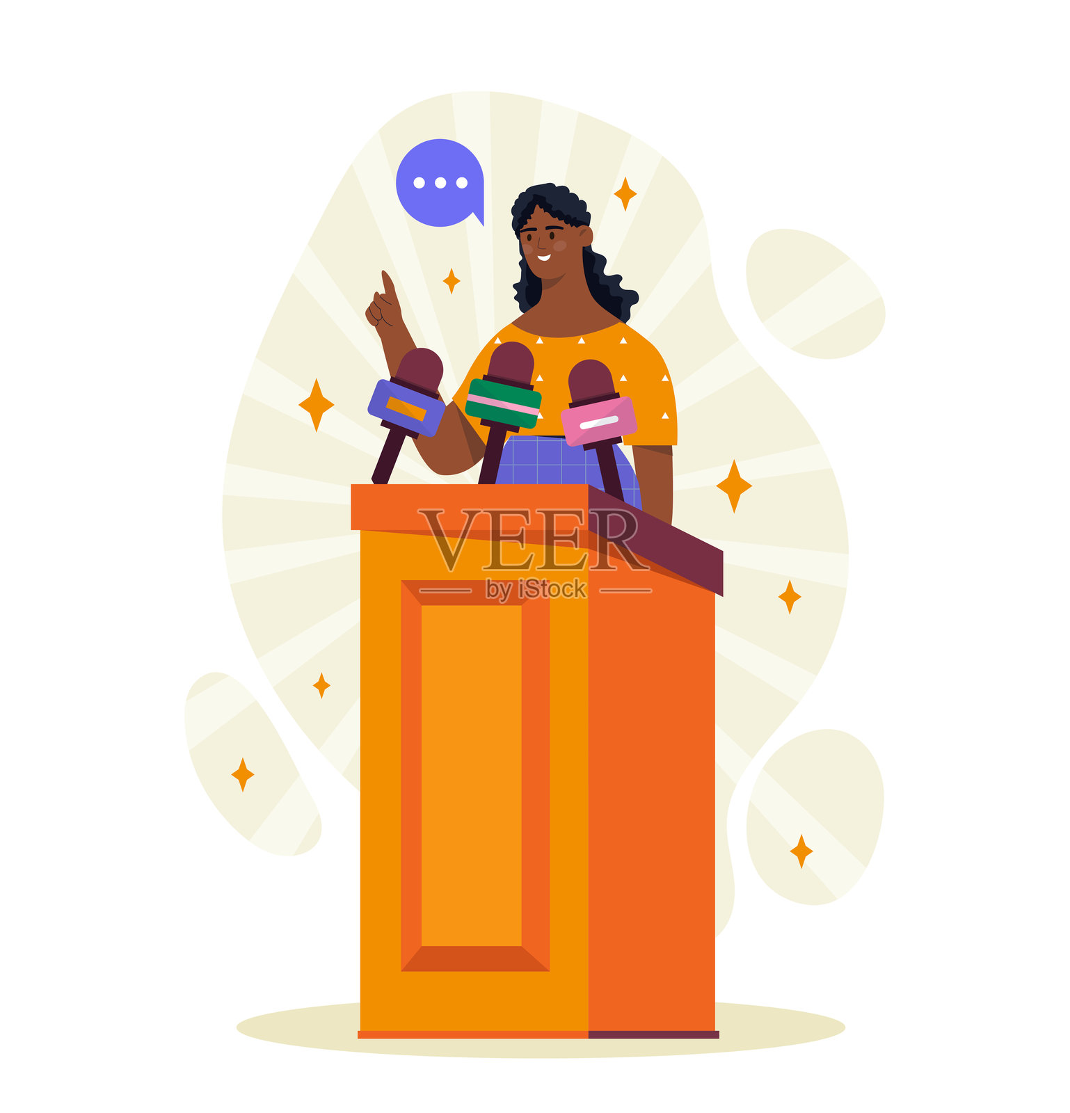 女记者在新闻发布会上。年轻女孩拿着麦克风站在讲坛旁边。在听众面前演讲的演讲者。女商人或政治家在新闻发布会上。平面矢量图插画图片素材