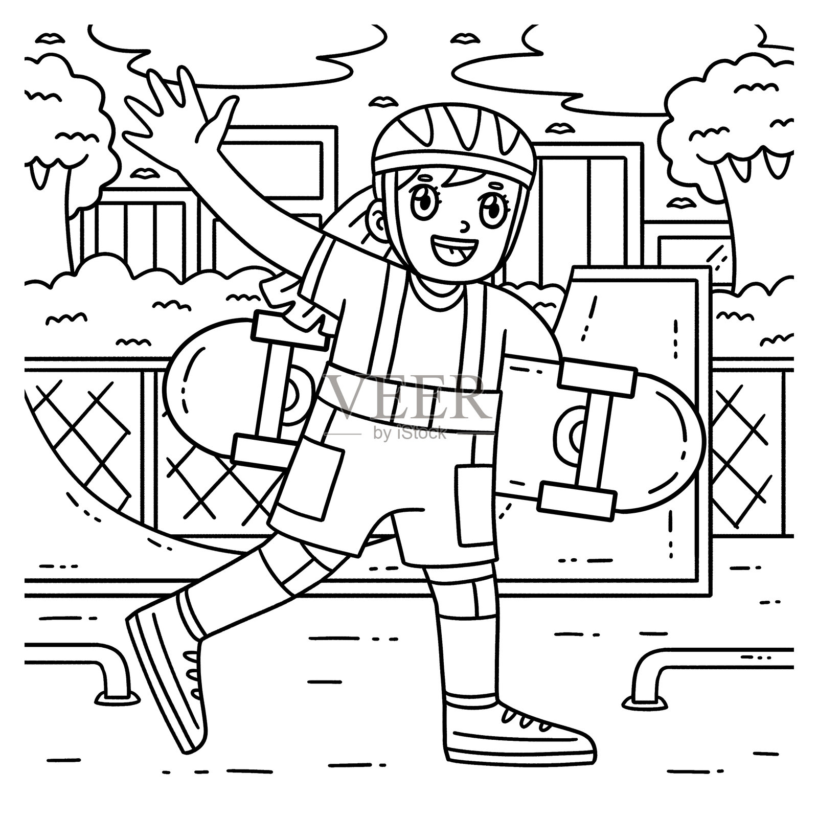 女孩拿着孩子们的滑板涂色页插画图片素材