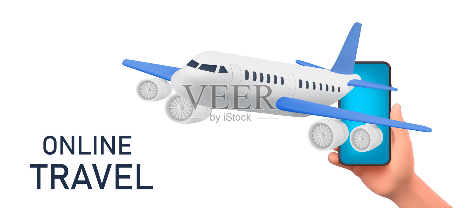 3D矢量飞机从智能手机屏幕起飞。申请预订机票股票插图旅游在线。、网格梯度wes插画图片素材