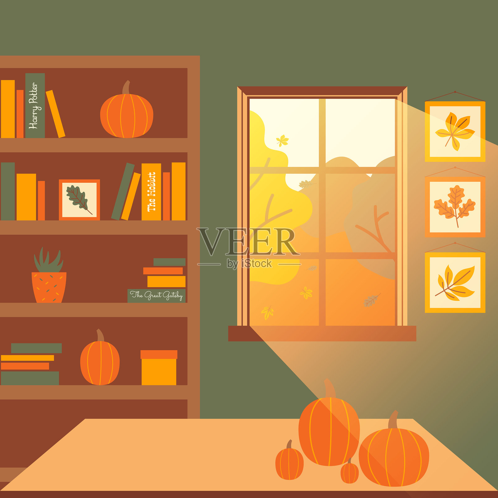 秋天的作文,有窗户的房间,阳光,书和南瓜插画图片素材