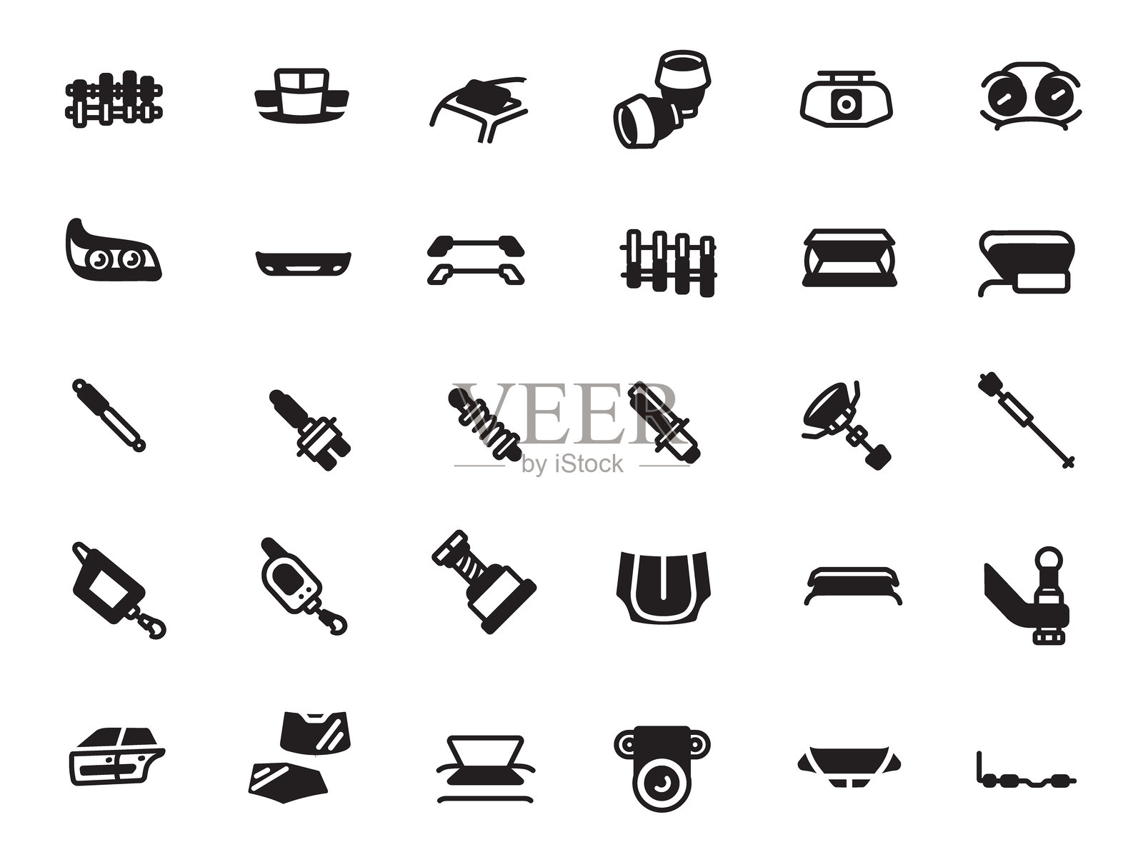 汽车悬架和照明图标设置在黑色,具有冲击,大灯,和汽车部件插画图片素材