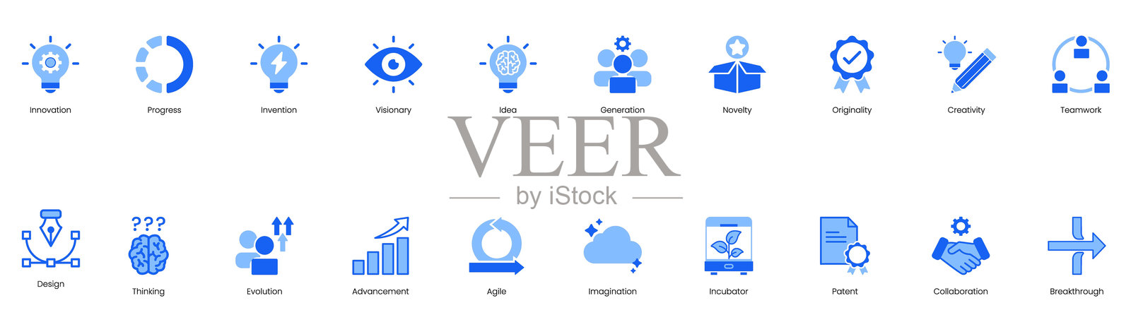 创新,进步,远见,想法,一代,新颖性,原创性,创造力,团队合作,设计,思维,进化,进步,敏捷,想象力,孵化器,专利矢量图标集插画图片素材
